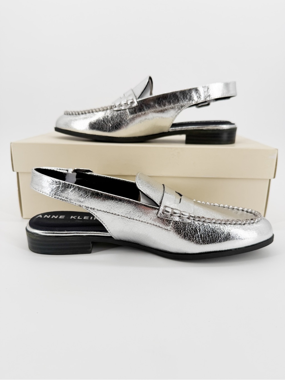 Anne Klein Believer Slingback Penny Loafer Mule Buckle Silver Metallic 5.5 NEW